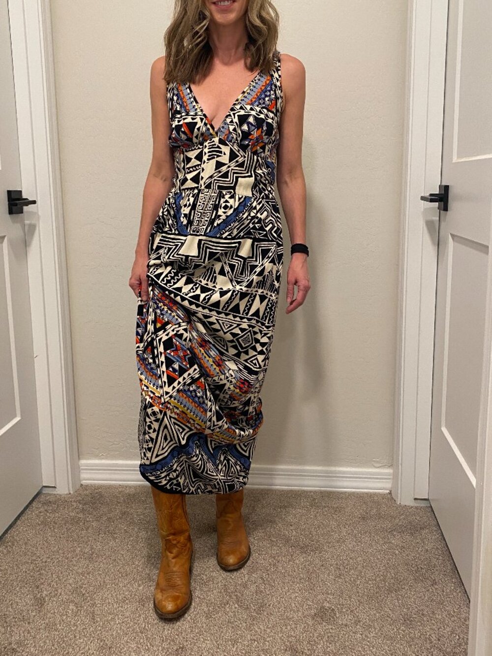 Angie Boho Tribal Print Maxi Dress M Adjust Straps Plunge Neck Festival Summer